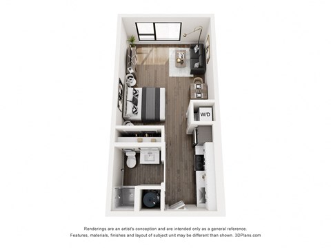 A floor plan of a small apartment with a kitchen, living room, and bathroom.